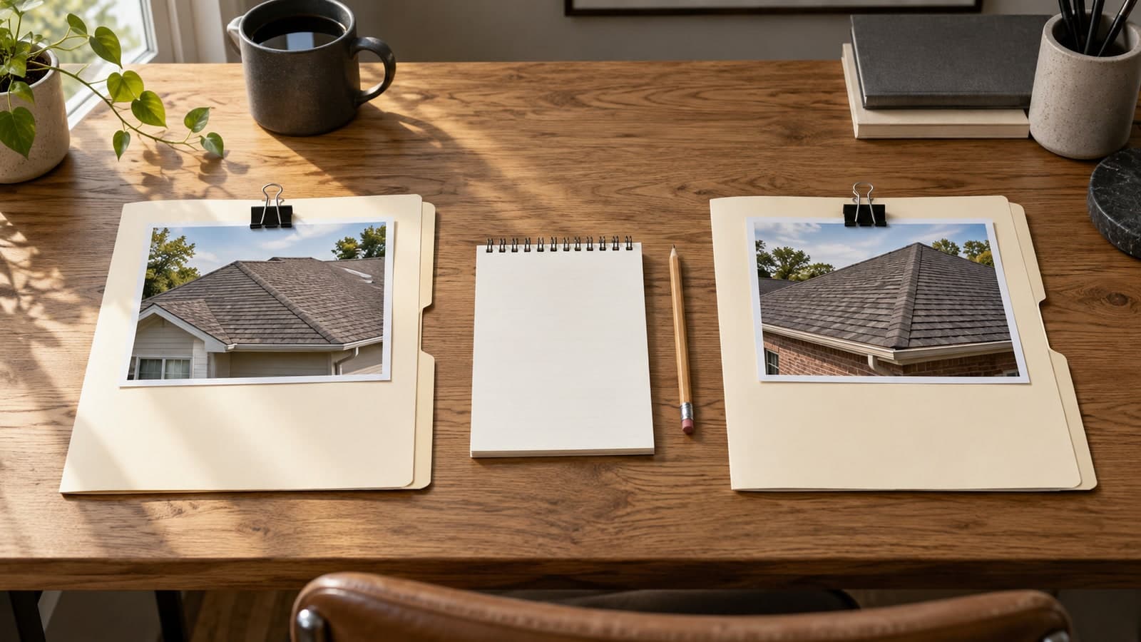 Two neutral folders with roof photographs beside a blank comparison notebook.