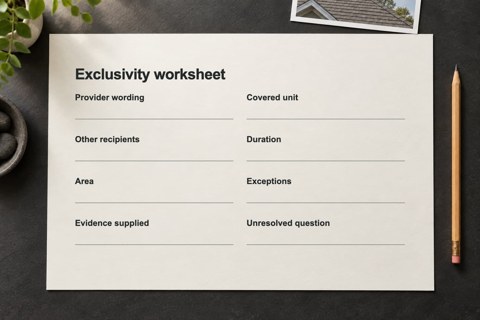 Roofing provider worksheet with eight fields, from provider wording to unresolved question.
