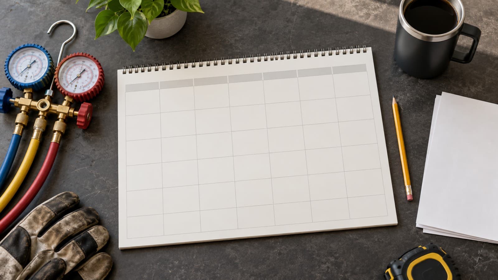 Blank weekly planning pad beside HVAC gauges, work gloves and a pencil.