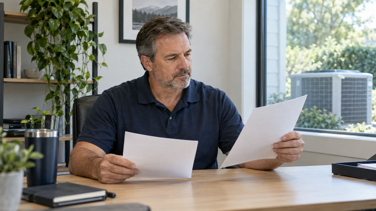 HVAC business owner comparing inquiry sheets at a desk, with an outdoor unit visible through the window.