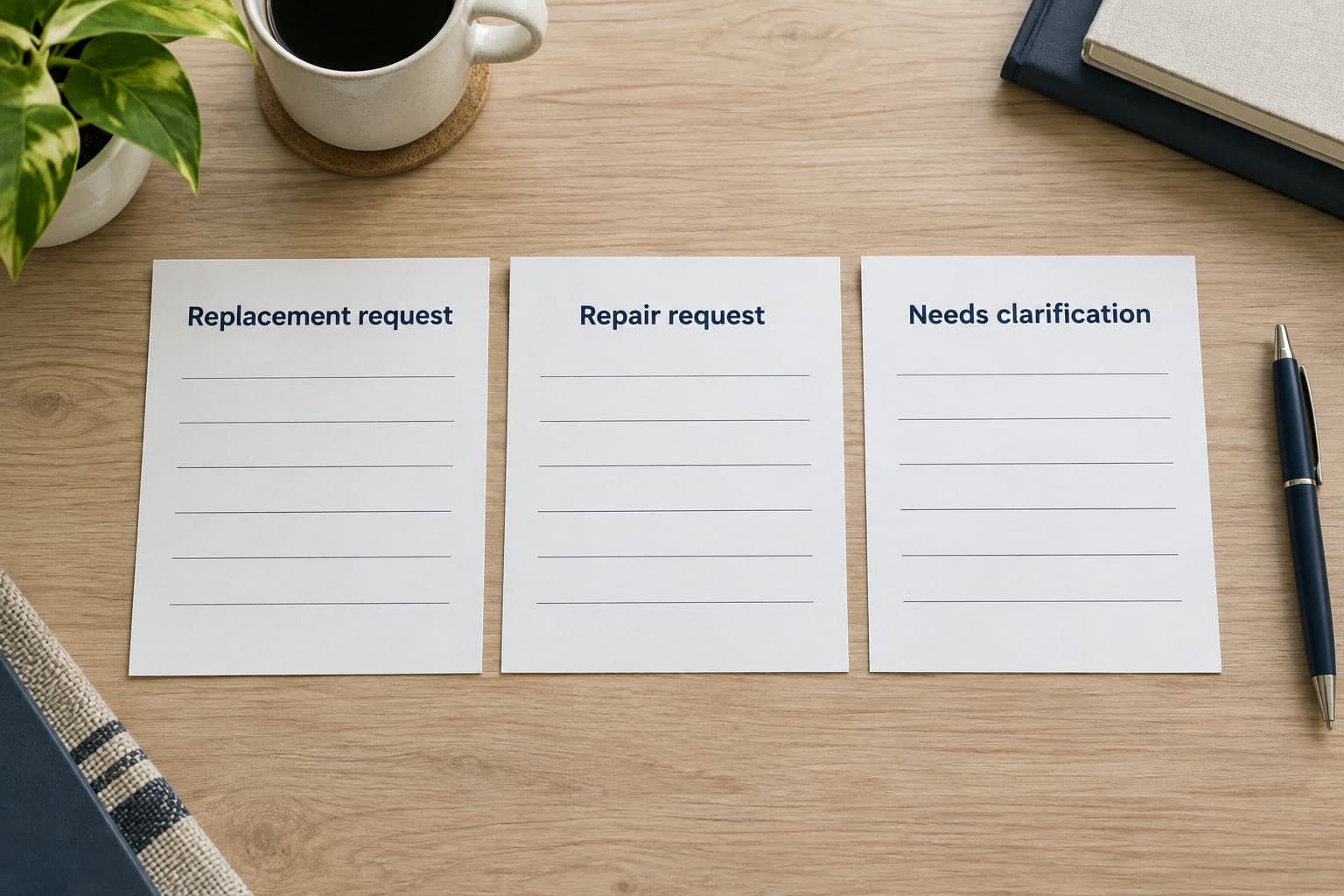Three blank provider-review cards labeled Replacement request, Repair request and Needs clarification.