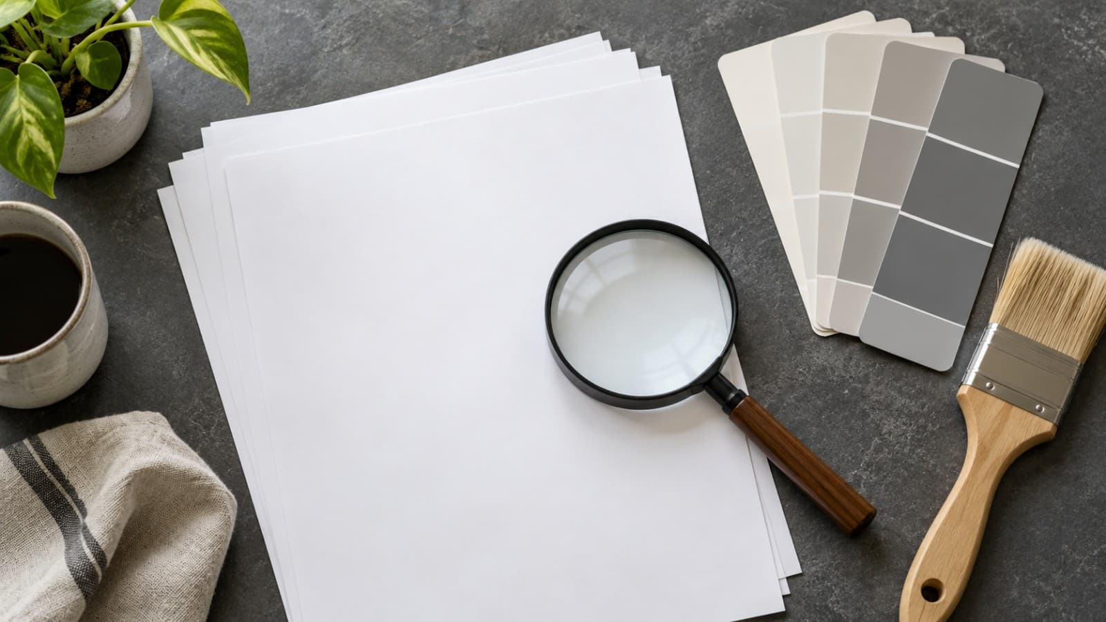 Blank papers beneath a magnifying glass beside paint swatches and a brush.