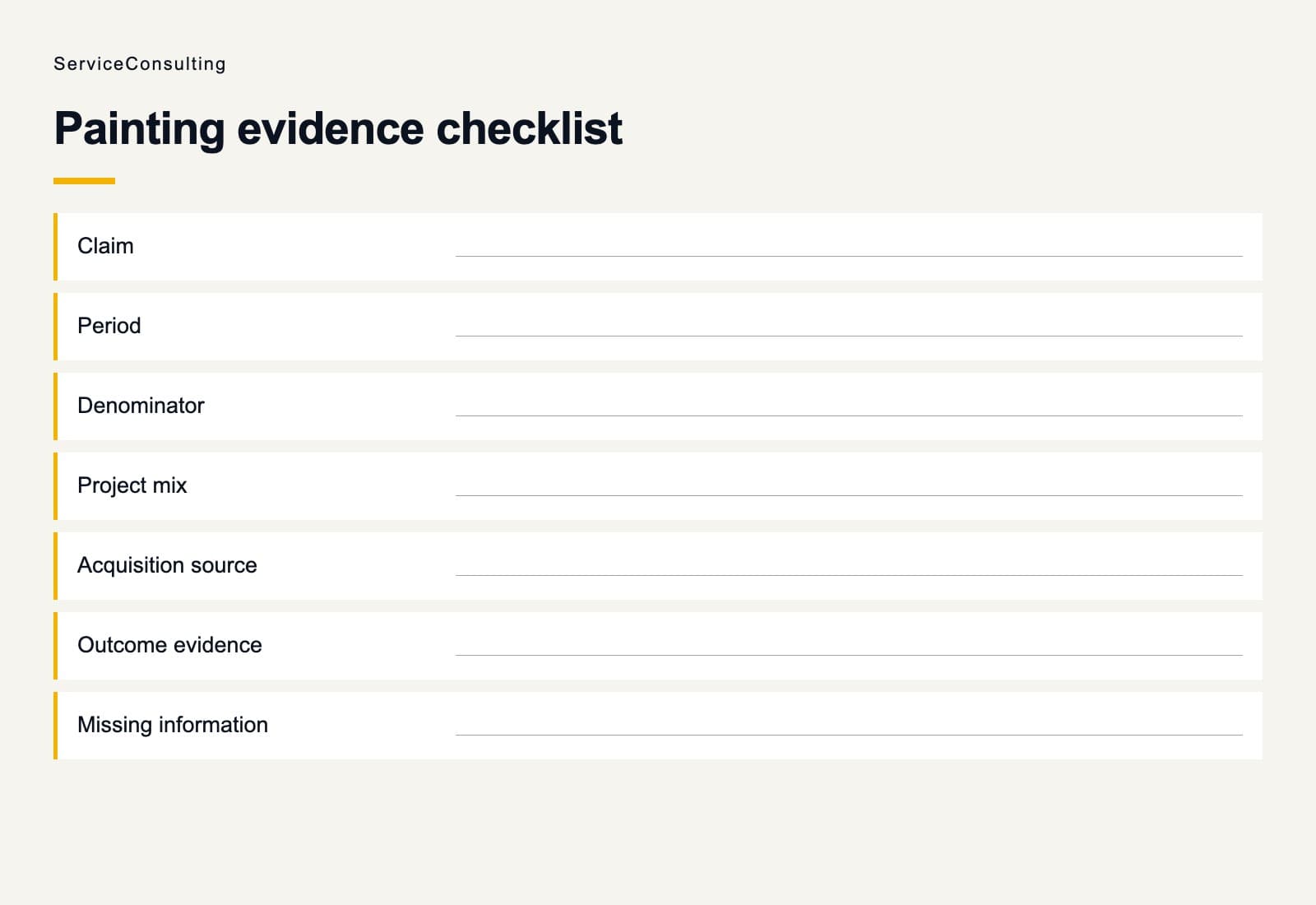 Painting evidence checklist with blank fields for claim, period, denominator, project mix, acquisition source, outcome evidence and missing information.