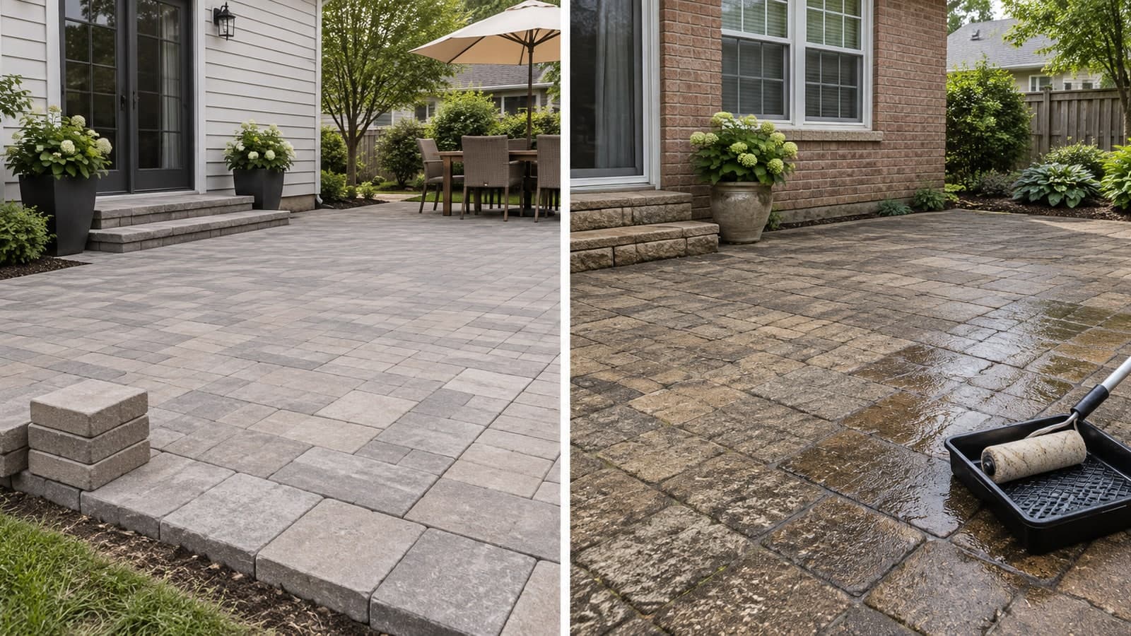 Freshly installed pavers beside a separate weathered patio with sealing equipment and a wet sealer section.