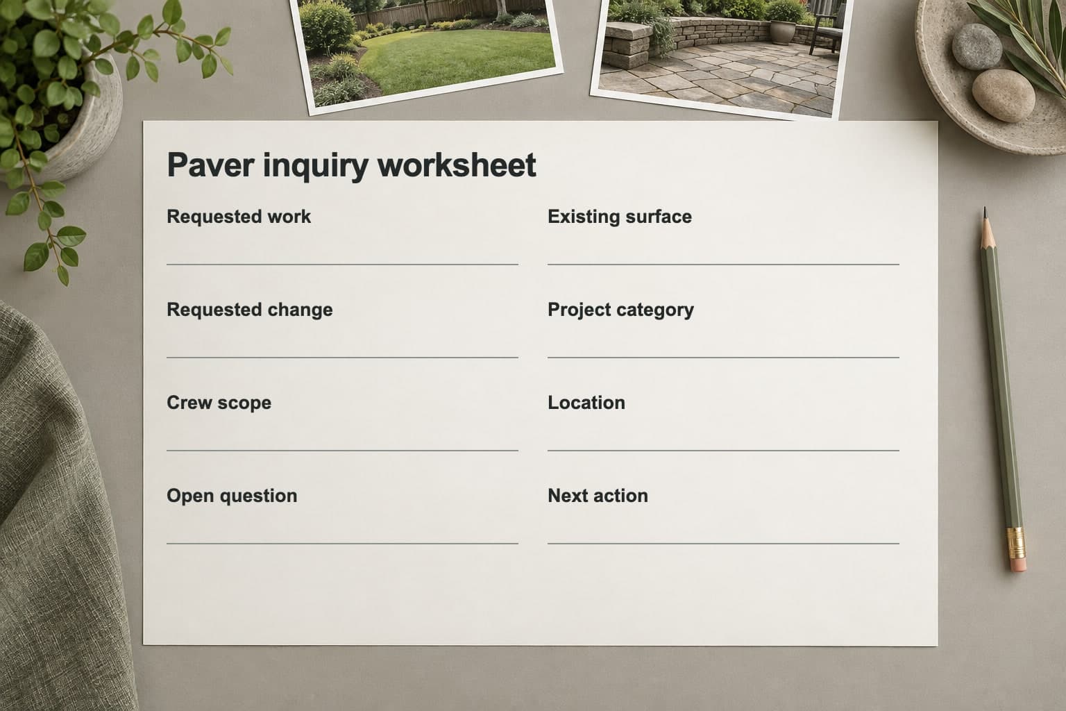Paver inquiry worksheet with eight fields, from requested work to next action.