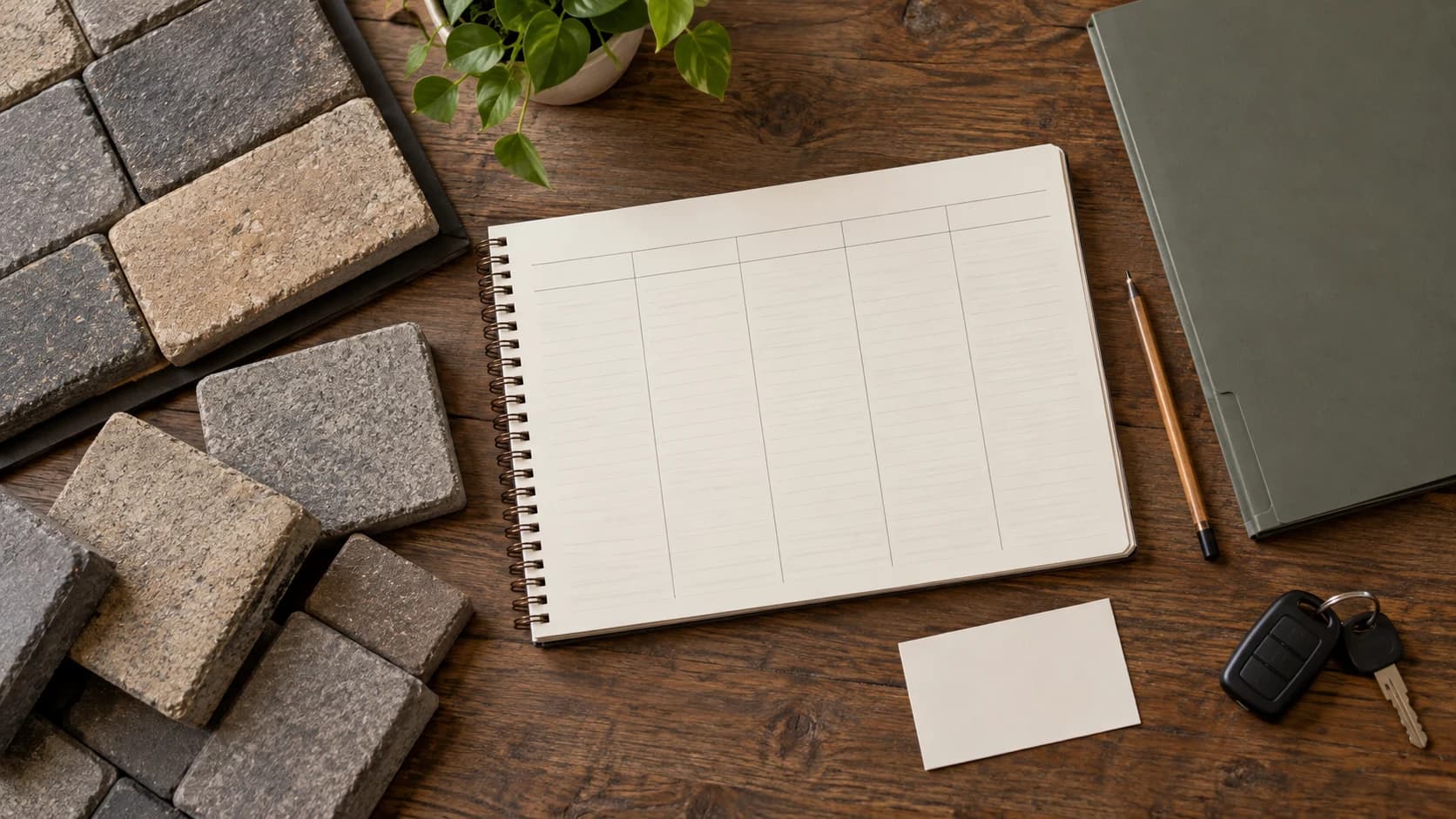 Paver samples beside a blank planner, folder, pencil, note card and vehicle keys.
