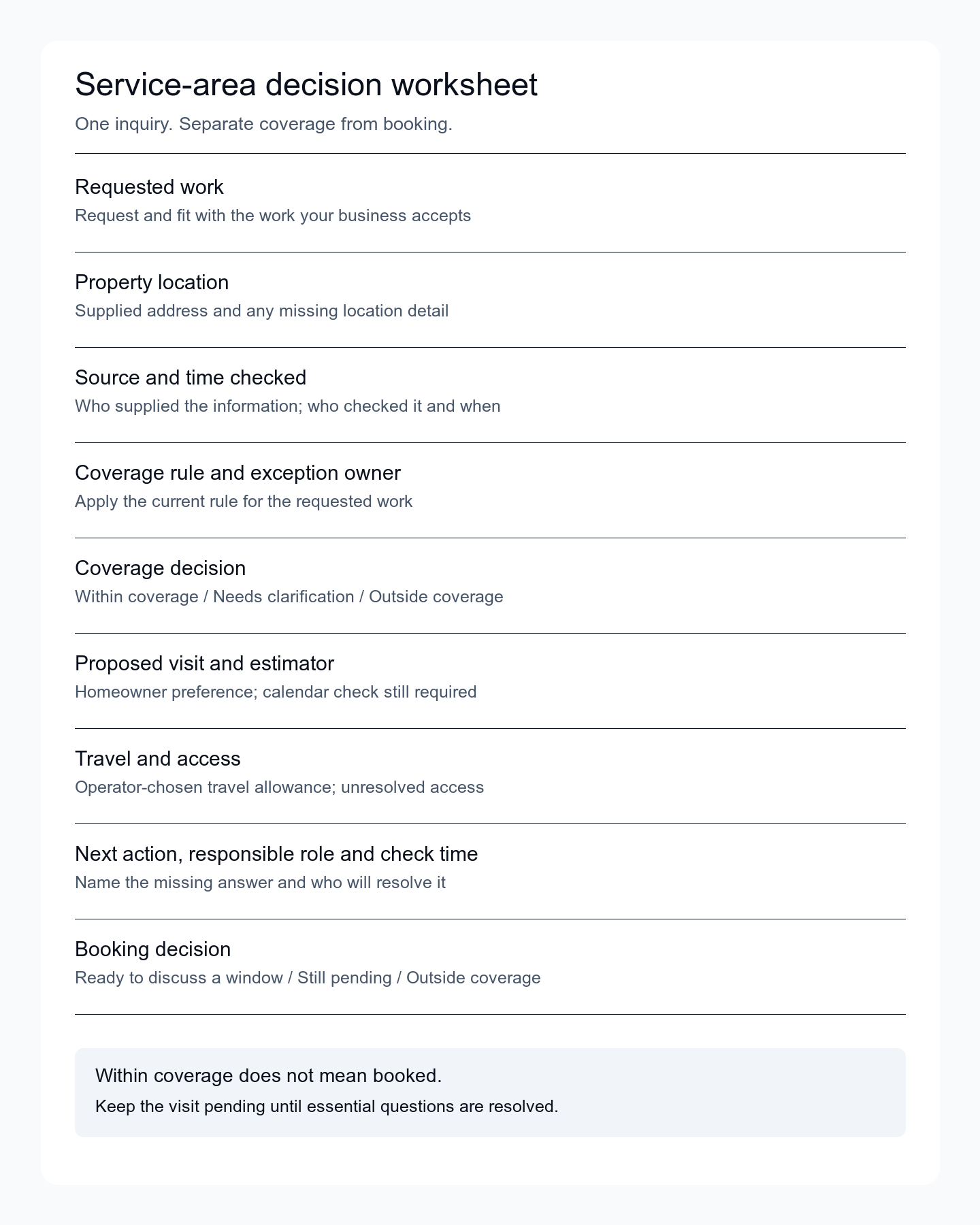 Blank service-area worksheet with separate coverage and booking decisions, travel and access checks, and a next-action owner.