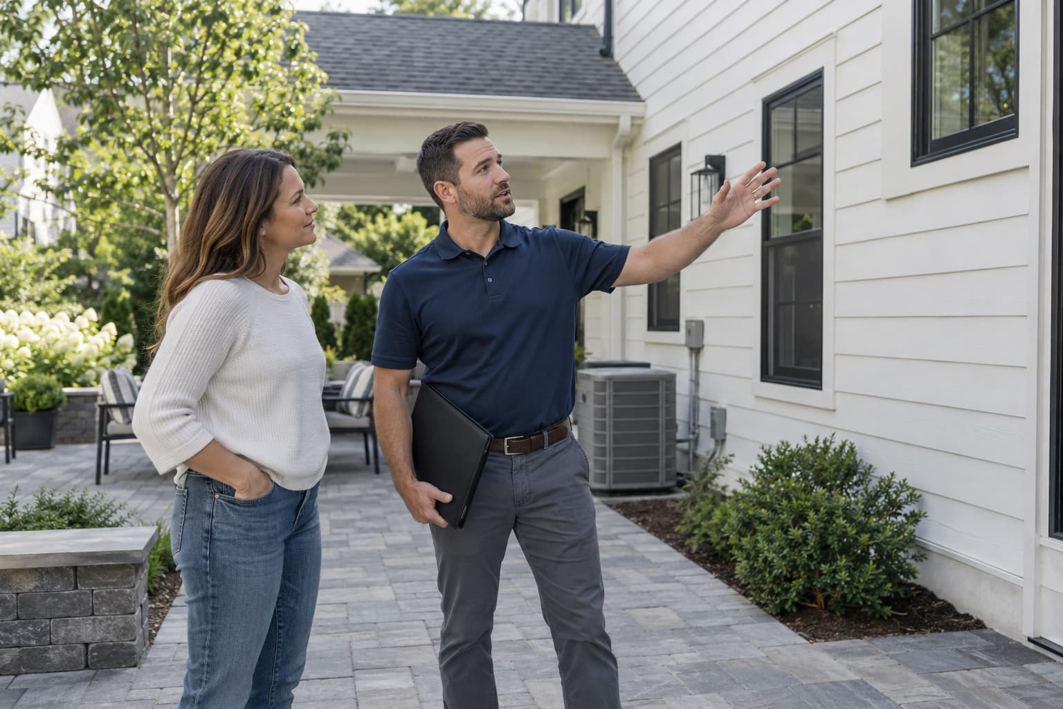 Estimator and homeowner discussing work on a home with roofing, an outdoor HVAC unit, a painted exterior and pavers.
