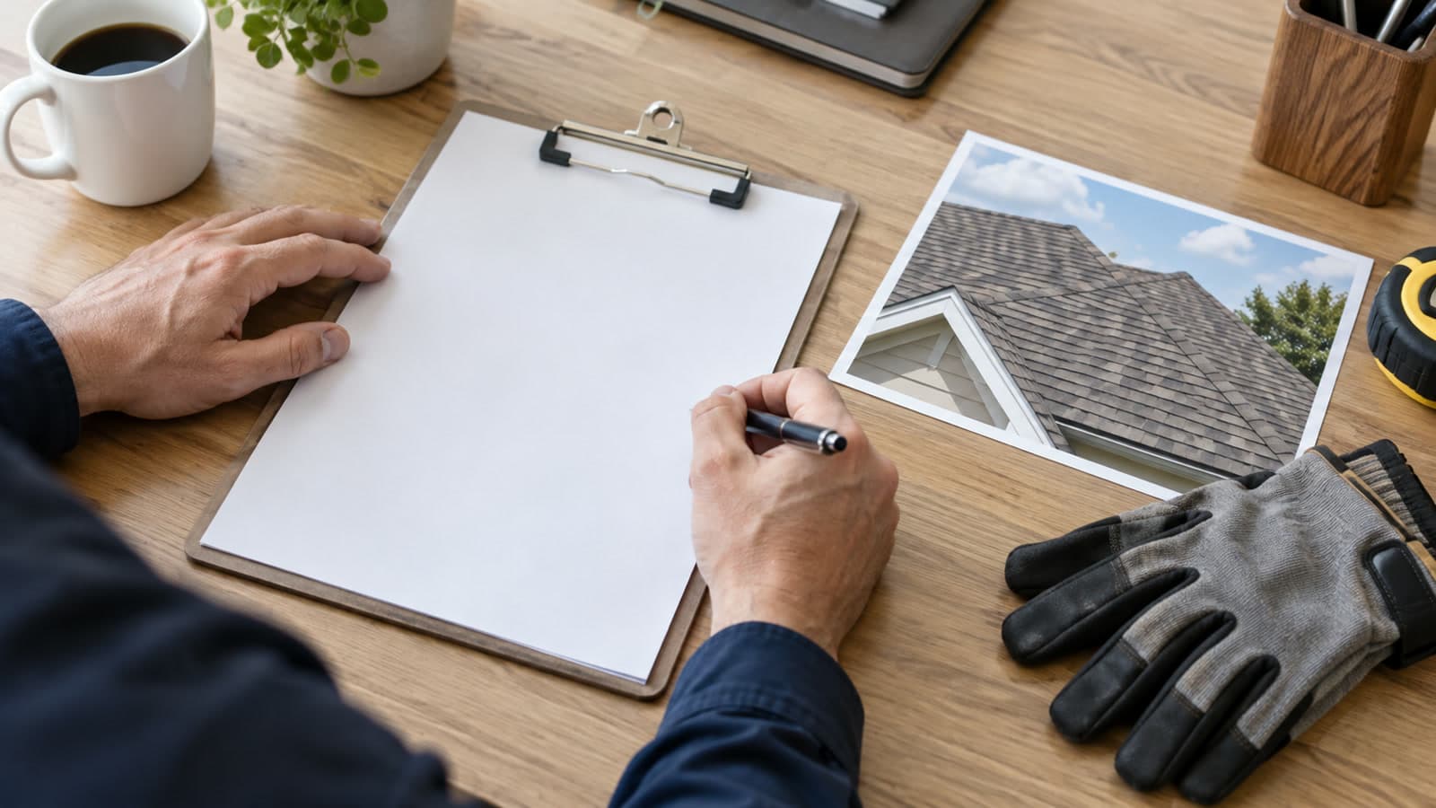 Hands reviewing a blank clipboard beside a roof photograph on an office desk.