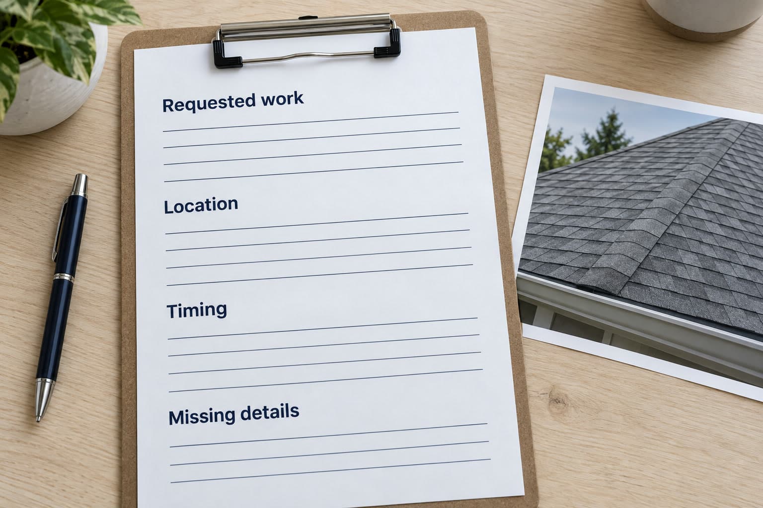 Blank roofing intake worksheet with fields for requested work, location, timing and missing details.