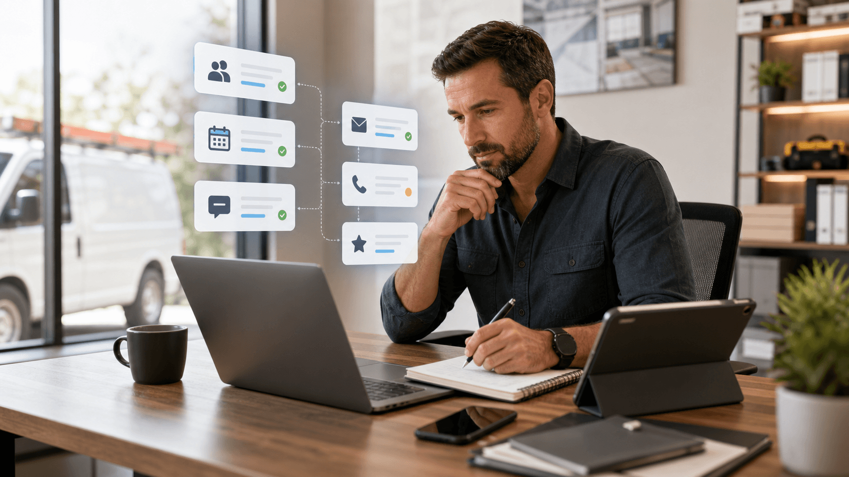 Home-service owner mapping an AI operating workflow on a laptop and tablet.