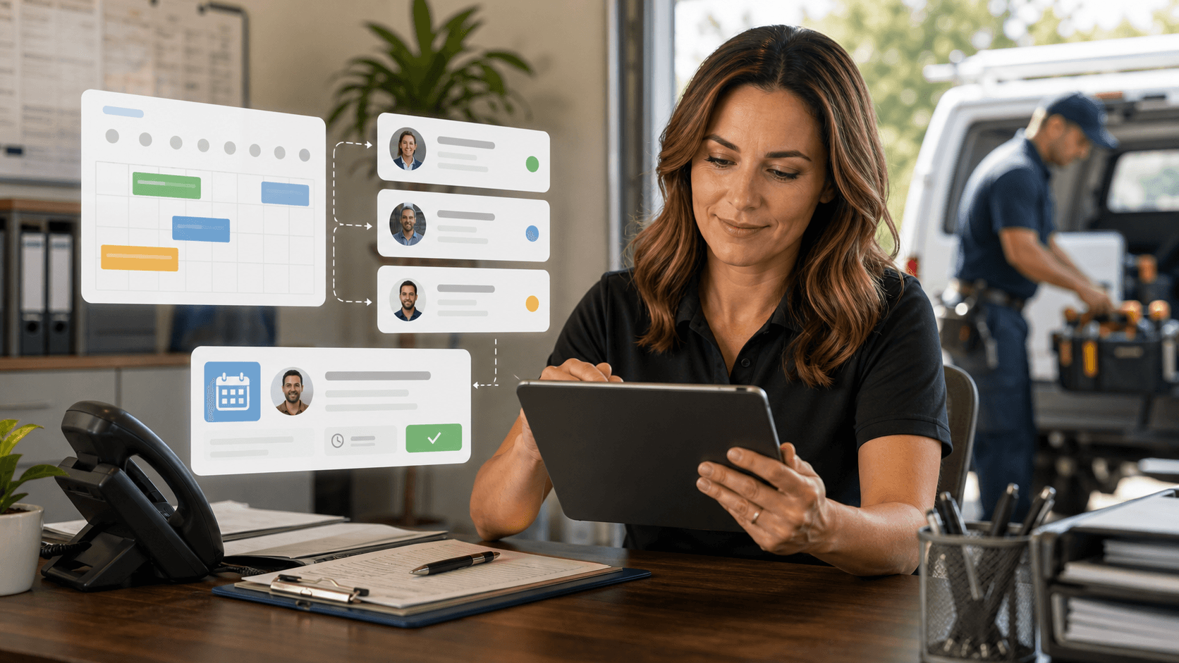 Home-service dispatcher confirming estimate appointments on a tablet.