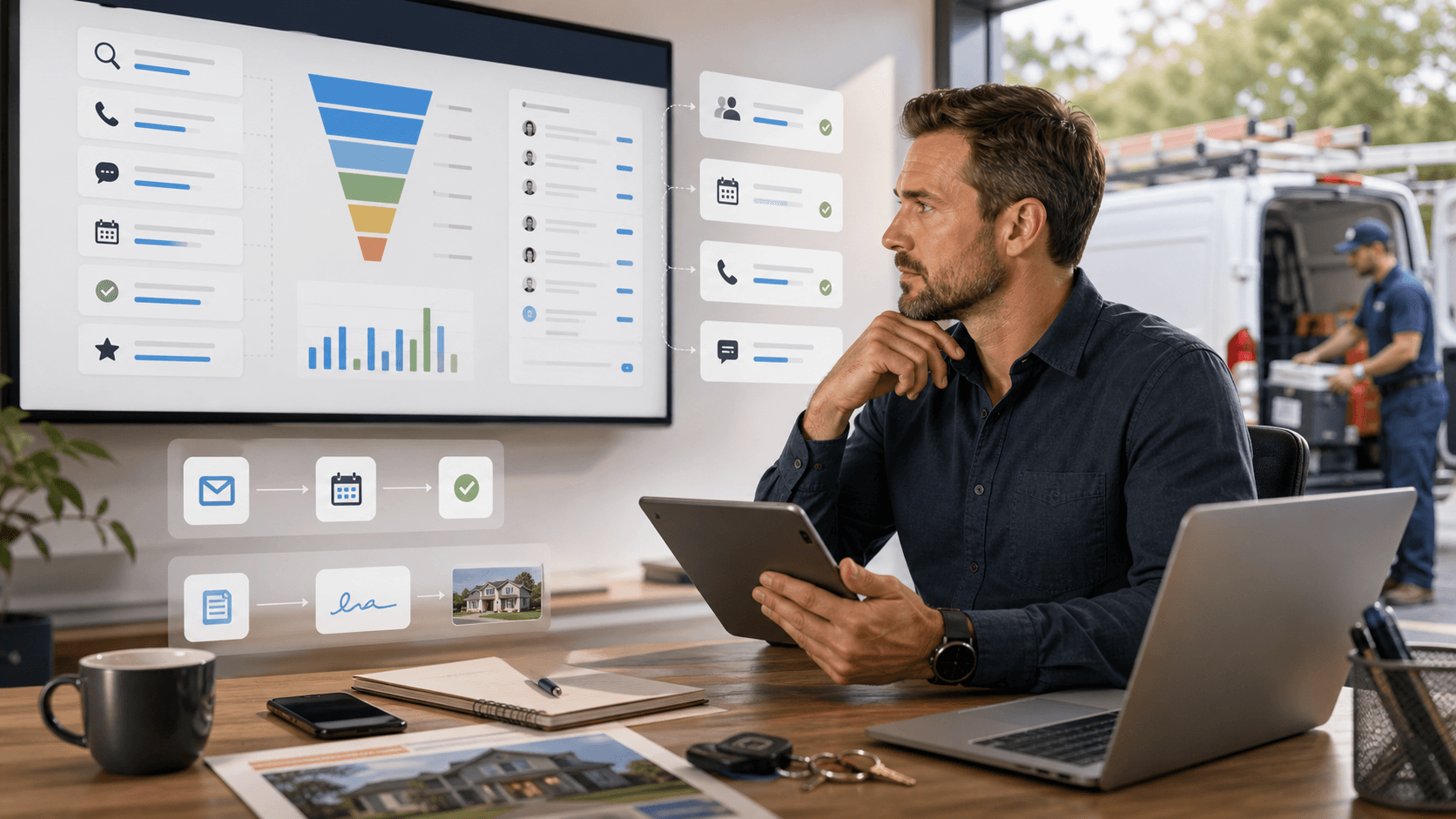 Home-service owner reviewing ongoing growth-system optimization and weekly owner brief visuals.