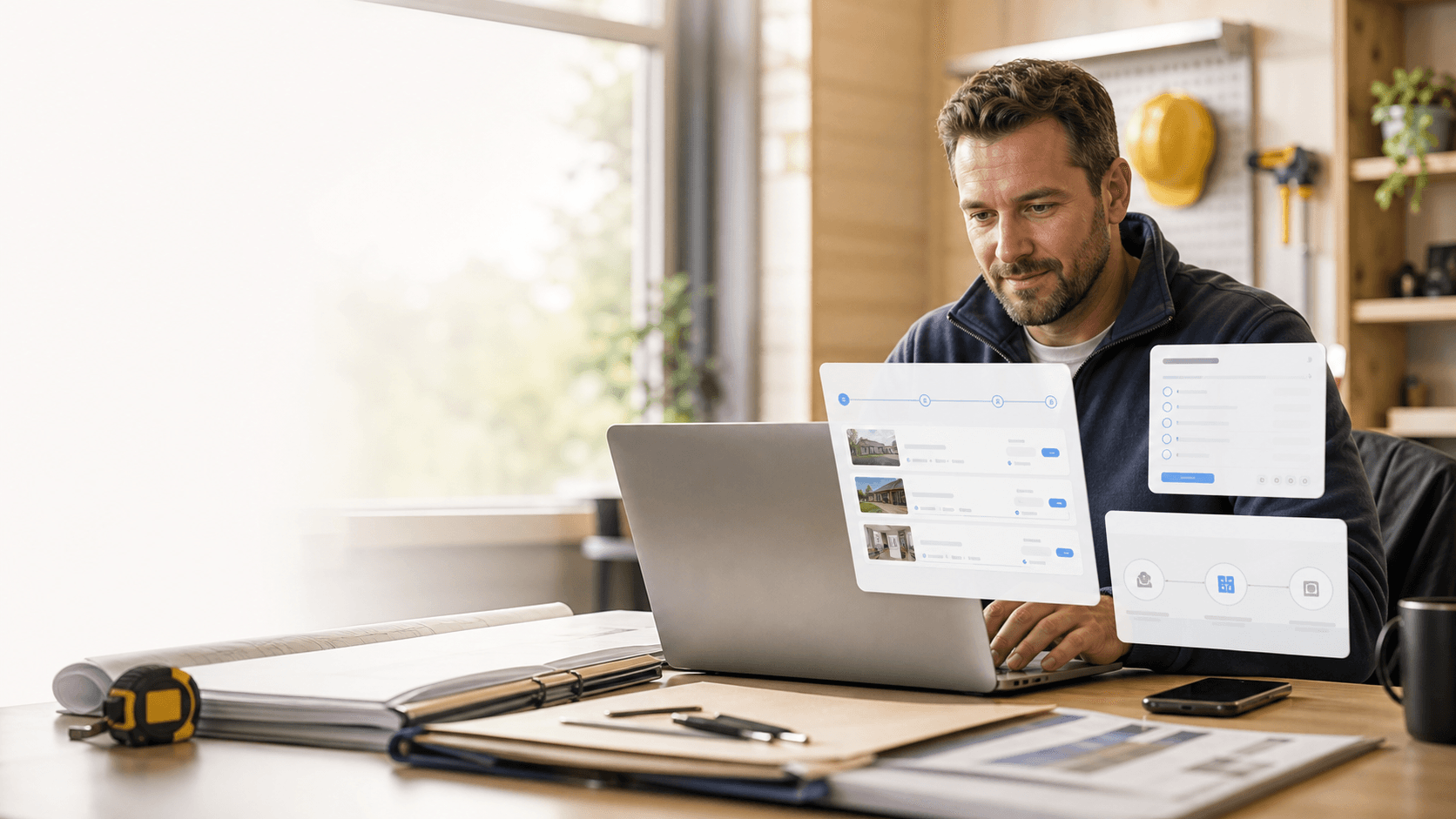Contractor owner reviewing estimate workflow and quote follow-up context on a laptop.