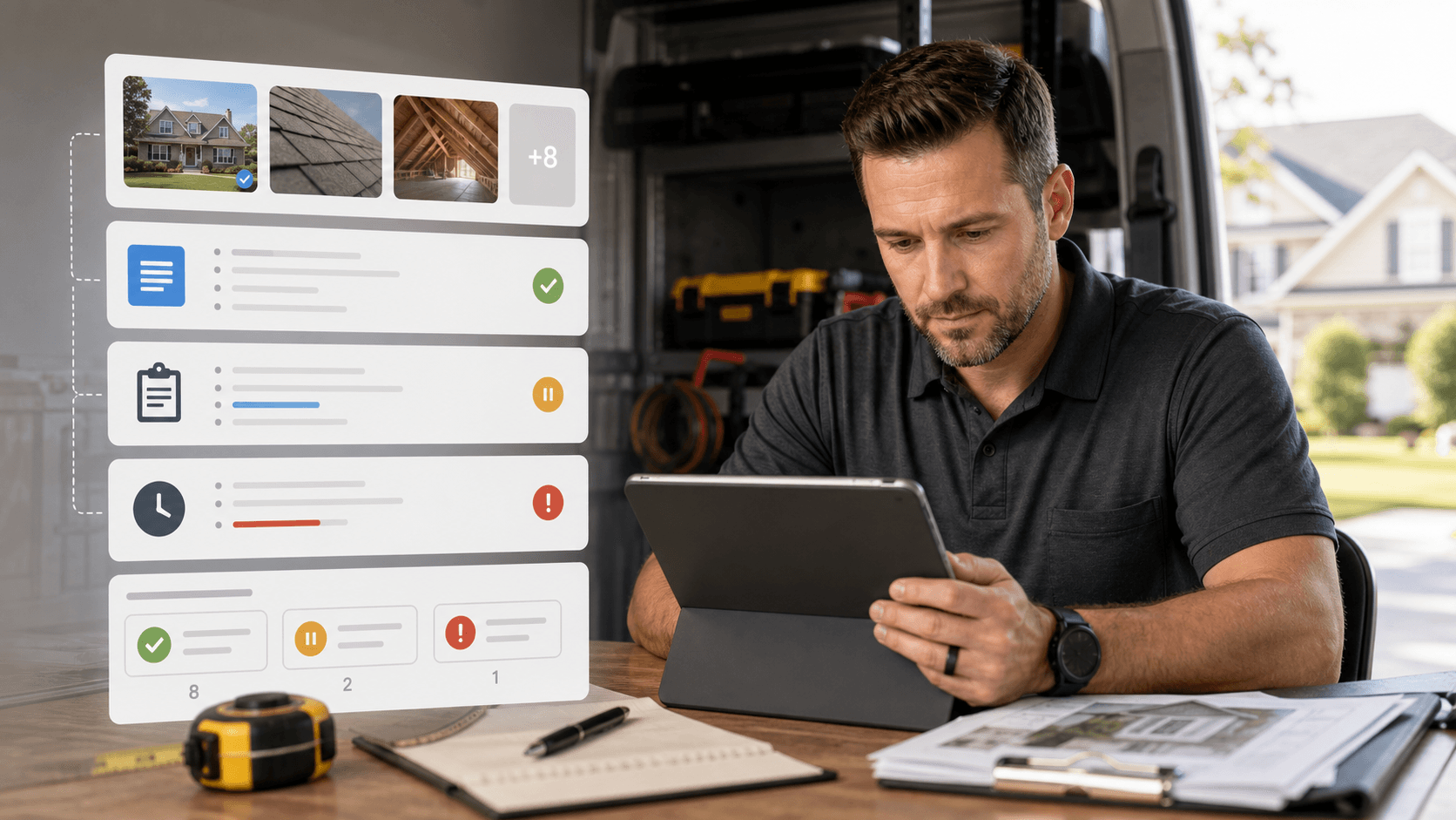 Estimator reviewing job photos, scope, and appointment readiness before a visit.