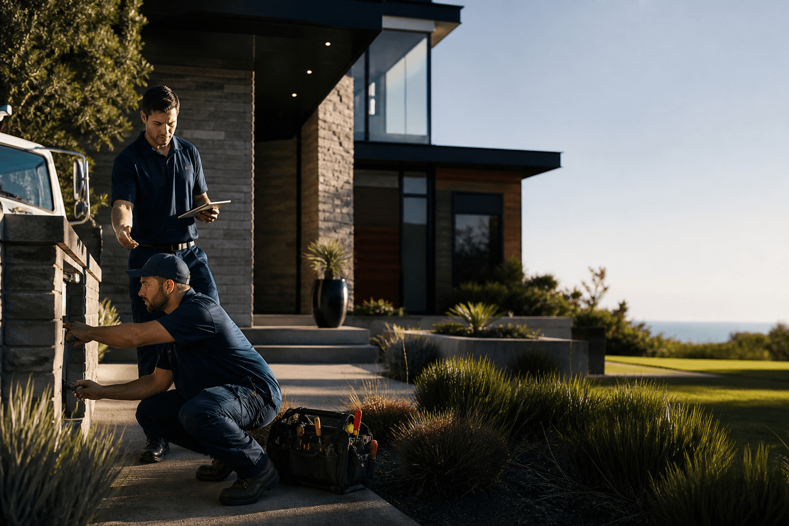 Two technicians reviewing exterior work outside a home.