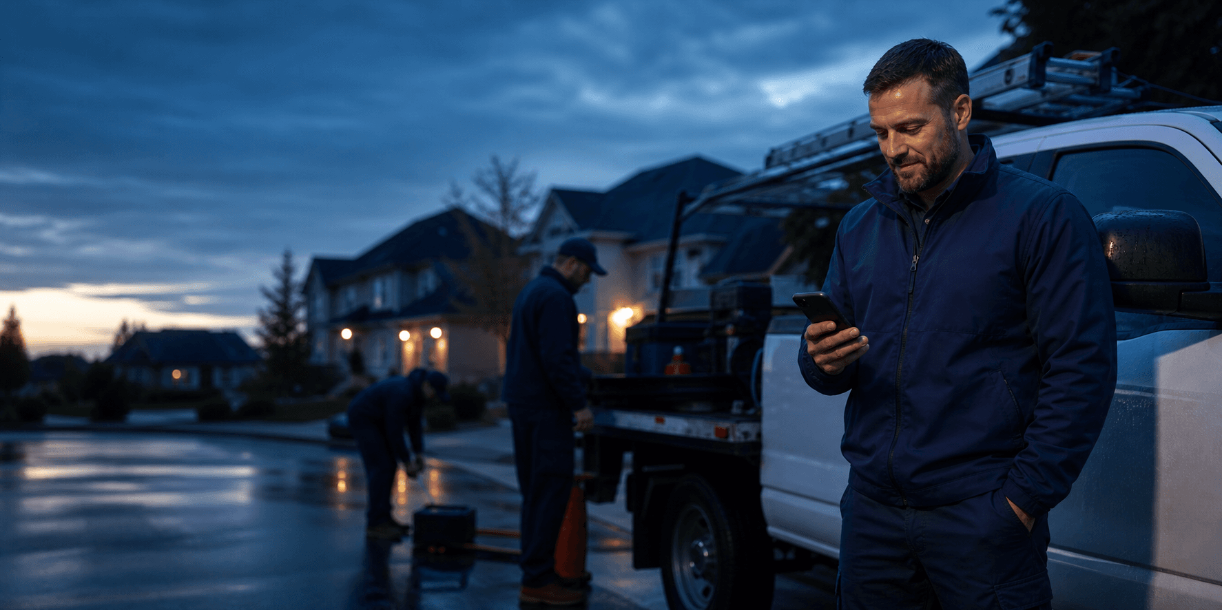 Contractor checking a phone beside a work truck after rain.